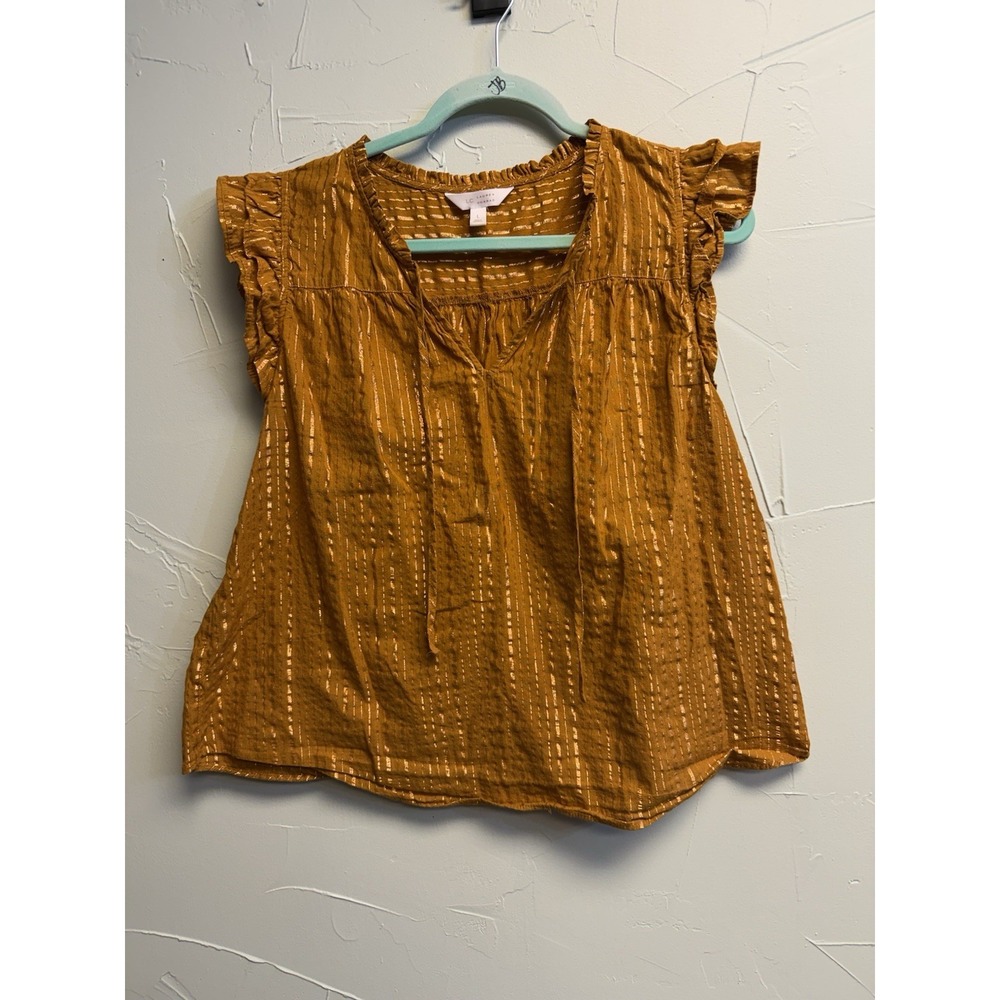 LC Lauren Conrad Blouse Large Mustard Gold Metallic Stripe Ruffle Boho Top